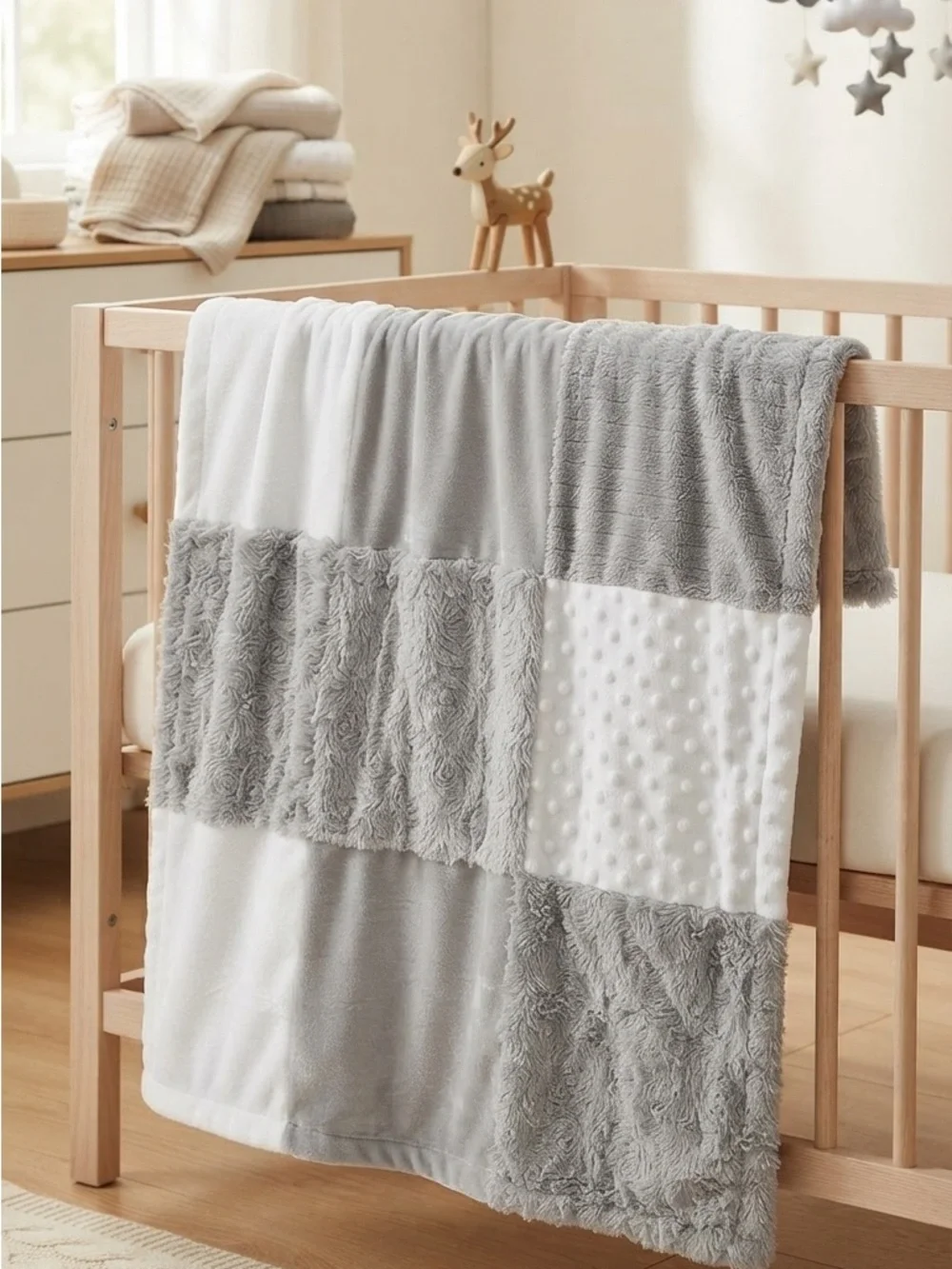 Cozy Plush Patchwork Baby Throw - Gray & White
